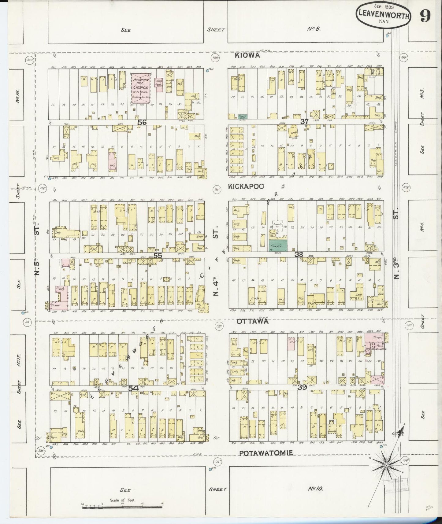 Sanborn Fire Insurance Map from Leavenworth, Leavenworth County, Kansas (1889), Sheet #0010 - Complete Map Set gallery image, historic Sanborn map, vintage wall art, Kansas Kansas