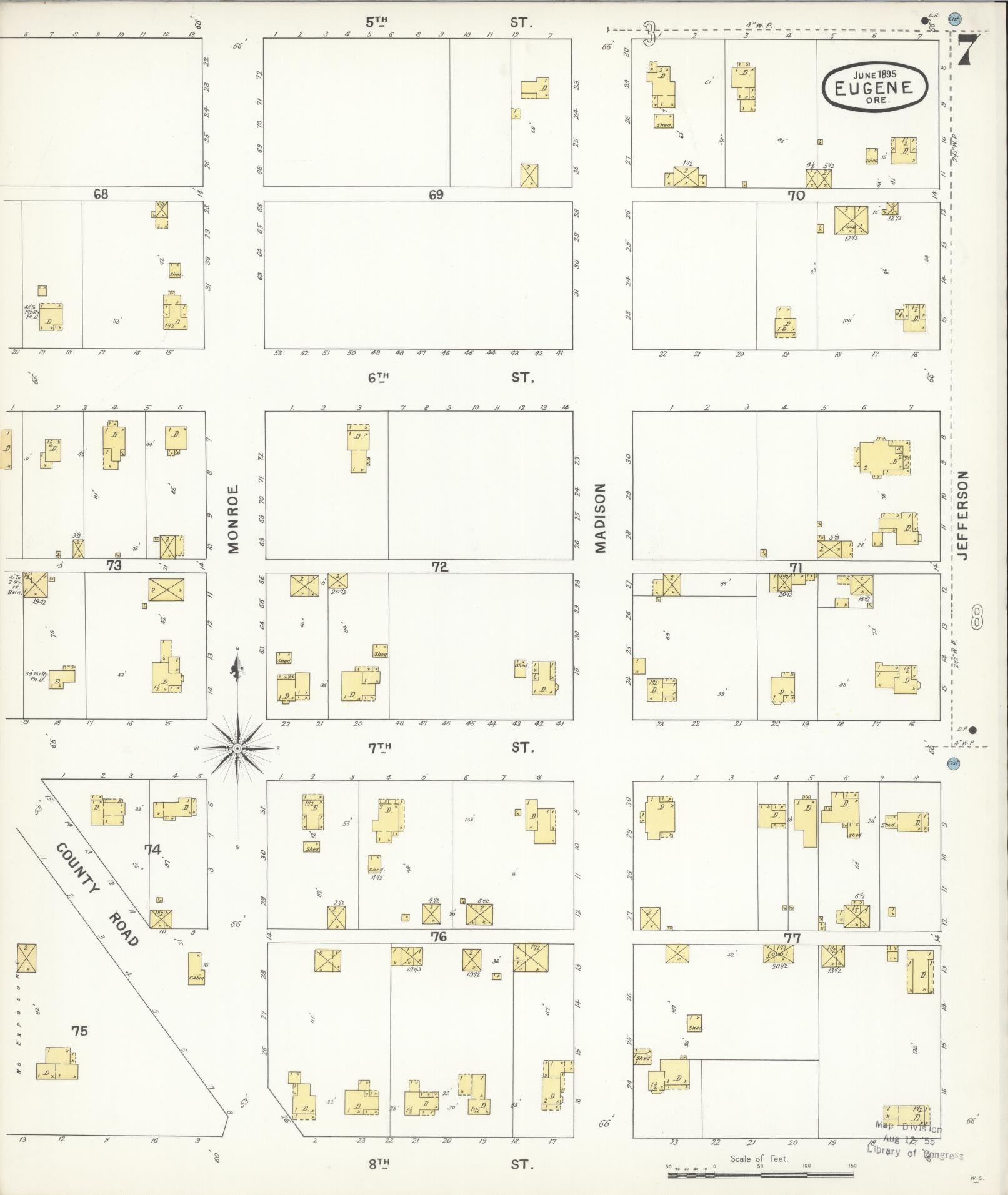 Sanborn Fire Insurance Map from Eugene, Lane County, Oregon (1896), Sheet #0007 - Historic Sanborn Fire Insurance Map Print, vintage old map wall art, antique decor, genealogy gift, Oregon Oregon map