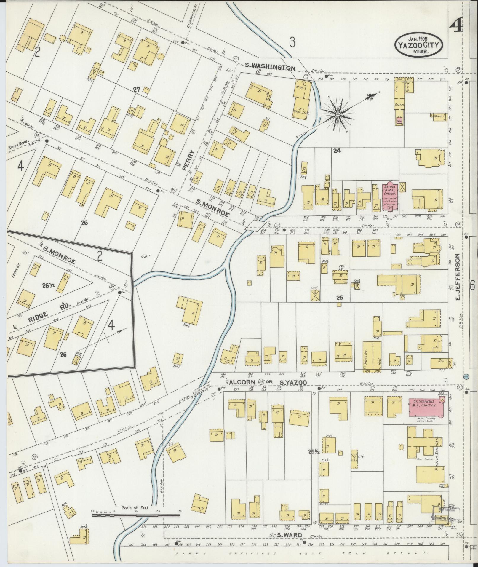 Sanborn Fire Insurance Map from Yazoo City, Yazoo County, Mississippi (1905), Sheet #0004 - Complete Map Set gallery image, historic Sanborn map, vintage wall art, Mississippi Mississippi