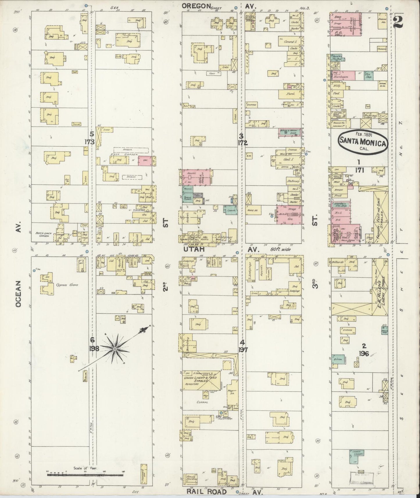 Sanborn Fire Insurance Map from Santa Monica, Los Angeles County, California (1891), Sheet #0002 - Complete Map Set gallery image, historic Sanborn map, vintage wall art, California California