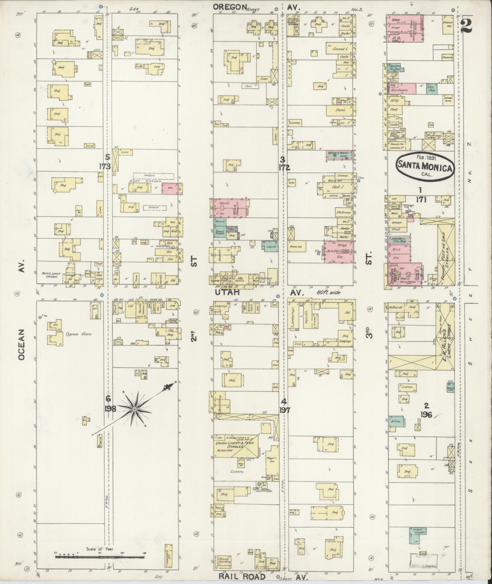 Sanborn Fire Insurance Map from Santa Monica, Los Angeles County, California (1891), Sheet #0002 - Complete Map Set gallery image, historic Sanborn map, vintage wall art, California California