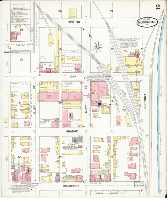 Sanborn Fire Insurance Map from Muscatine, Musactine County, Iowa (1892), Sheet #0002 - Historic Sanborn Fire Insurance Map Print, vintage old map wall art