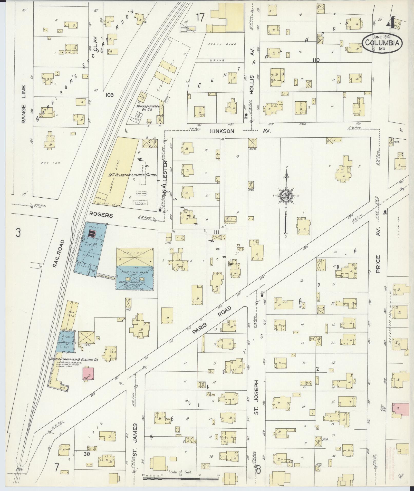 Sanborn Fire Insurance Map from Columbia, Boone County, Missouri (1914), Sheet #0004 - Historic Sanborn Fire Insurance Map Print, vintage old map wall art, antique decor, genealogy gift, Missouri Missouri map