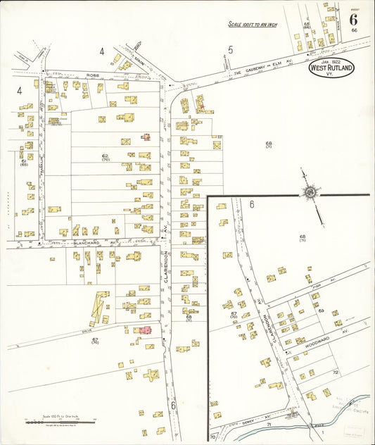 Sanborn Fire Insurance Map from West Rutland, Rutland County, Vermont (1922), Sheet #0006 - Historic Sanborn Fire Insurance Map Print, vintage old map wall art, antique decor, genealogy gift, Vermont Vermont map