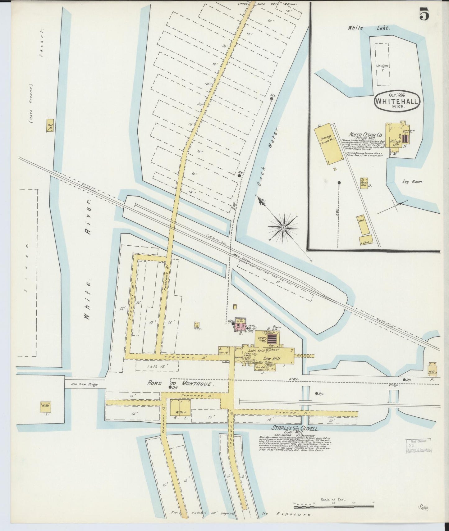 Sanborn Fire Insurance Map from Whitehall, Muskegon County, Michigan (1896), Sheet #0005 - Historic Sanborn Fire Insurance Map Print, vintage old map wall art, antique decor, genealogy gift, Michigan Michigan map