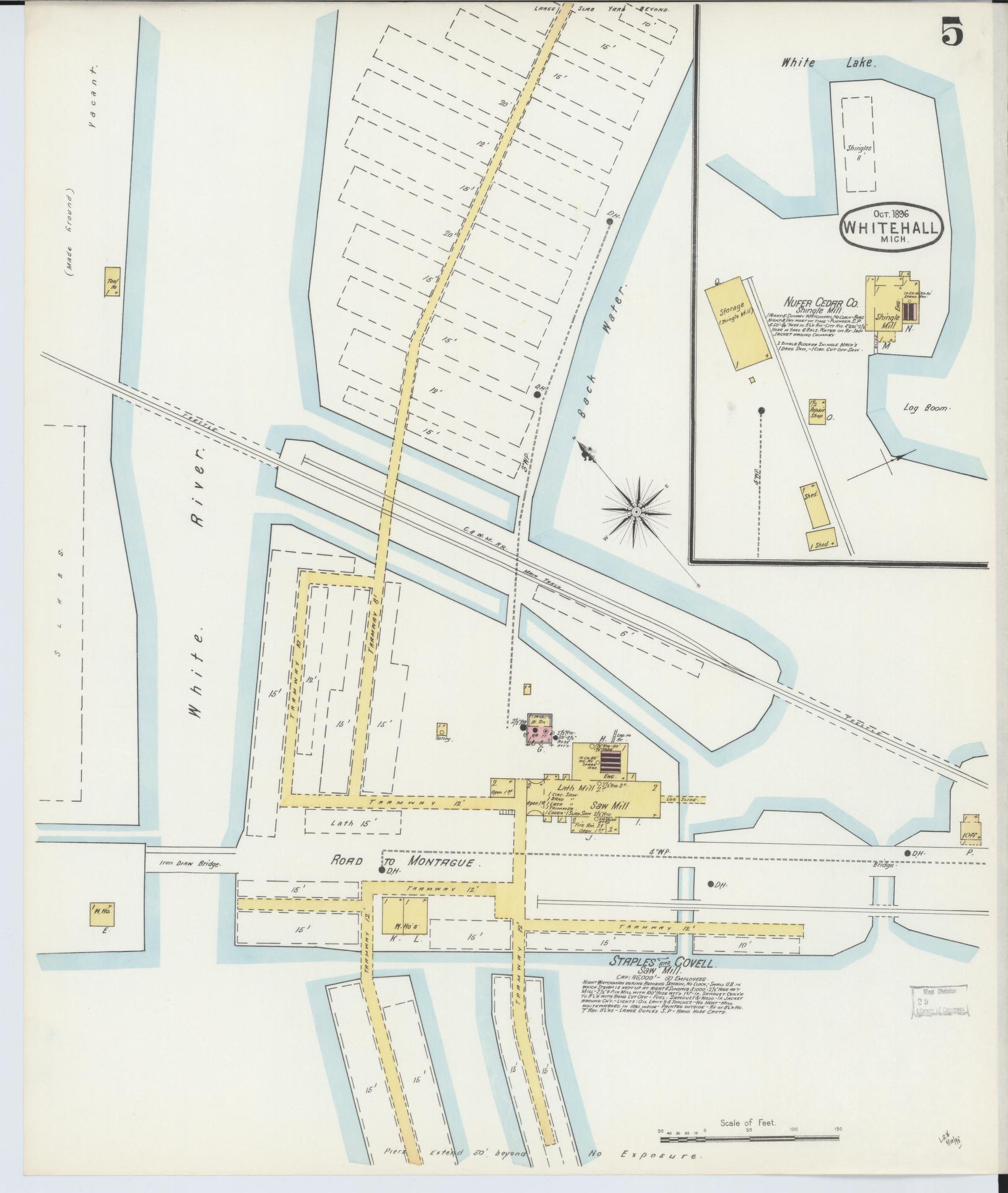 Sanborn Fire Insurance Map from Whitehall, Muskegon County, Michigan (1896), Sheet #0005 - Historic Sanborn Fire Insurance Map Print, vintage old map wall art, antique decor, genealogy gift, Michigan Michigan map