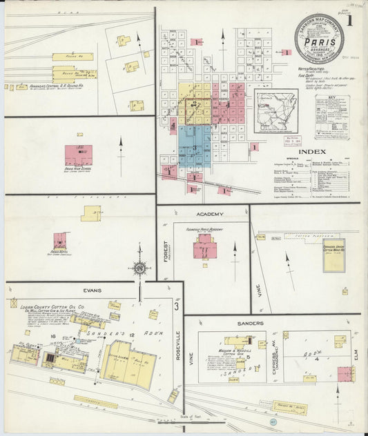 Sanborn Fire Insurance Map from Paris, Logan County, Arkansas (1913), Sheet #0001 - Historic Sanborn Fire Insurance Map Print, vintage old map wall art, antique decor, genealogy gift, Arkansas Arkansas map