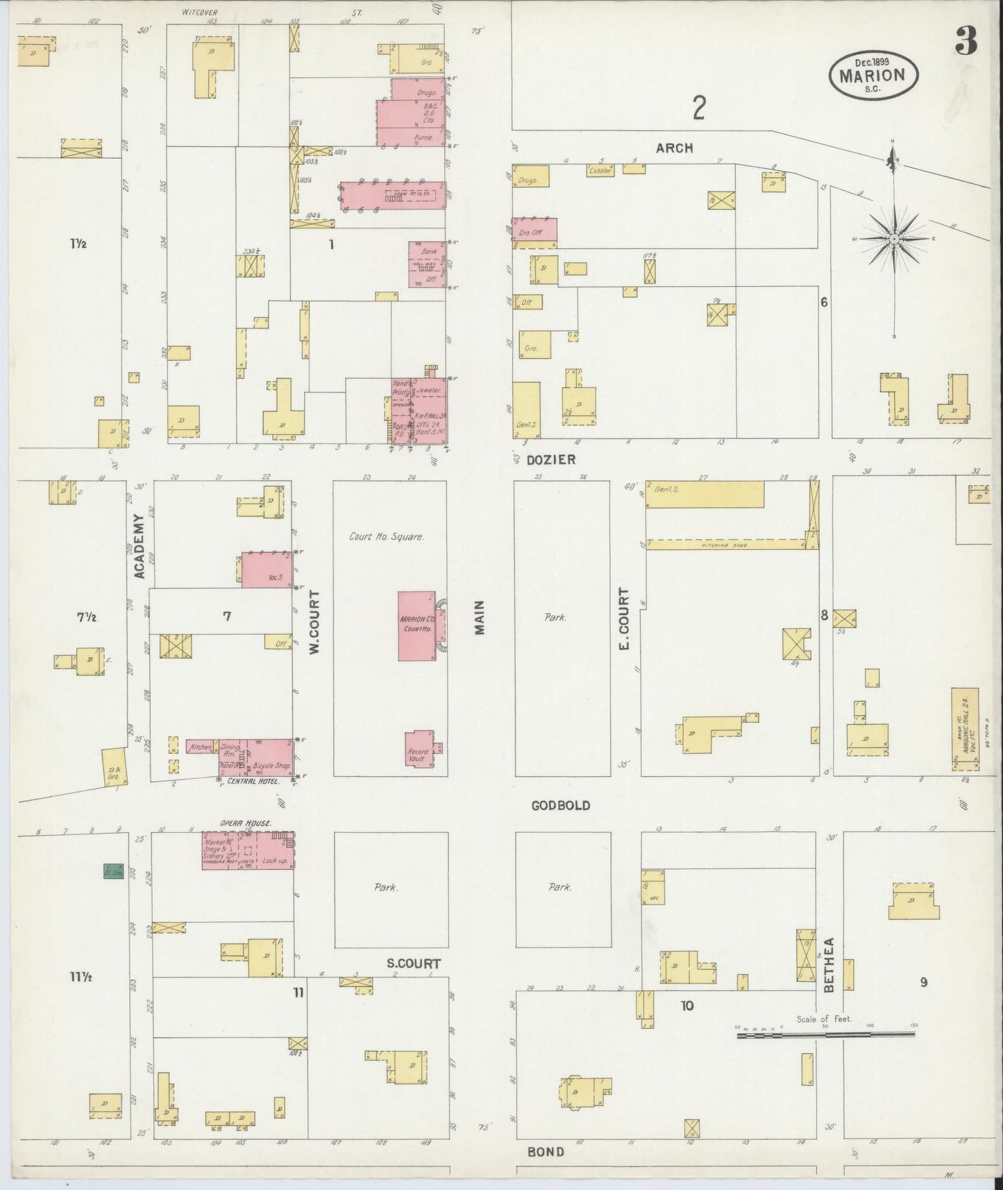 Sanborn Fire Insurance Map from Marion, Marion County, South Carolina (1899), Sheet #0003 - Complete Map Set gallery image, historic Sanborn map, vintage wall art, South Carolina South Carolina