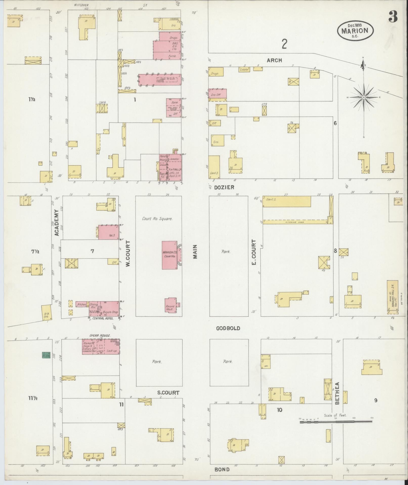 Sanborn Fire Insurance Map from Marion, Marion County, South Carolina (1899), Sheet #0003 - Complete Map Set gallery image, historic Sanborn map, vintage wall art, South Carolina South Carolina