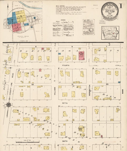 Sanborn Fire Insurance Map from Victor, Iowa County, Iowa (1922), Sheet #0001 - Historic Sanborn Fire Insurance Map Print, vintage old map wall art