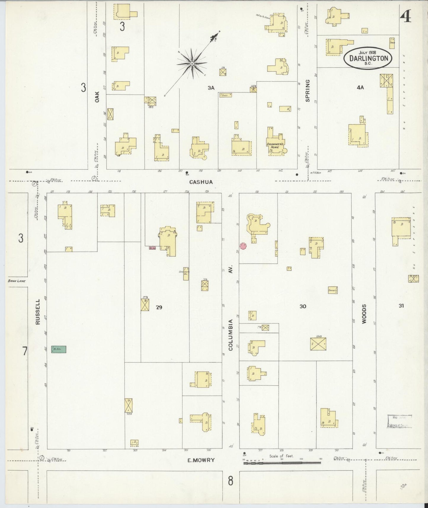 Sanborn Fire Insurance Map from Darlington, Darlington County, South Carolina (1908), Sheet #0004 - Complete Map Set gallery image, historic Sanborn map, vintage wall art, South Carolina South Carolina