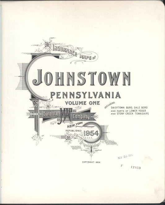 Sanborn Fire Insurance Map from Johnstown, Cambria County, Pennsylvania (1954), Sheet #0001 - Historic Sanborn Fire Insurance Map Print, vintage old map wall art, antique decor, genealogy gift, Pennsylvania Pennsylvania map
