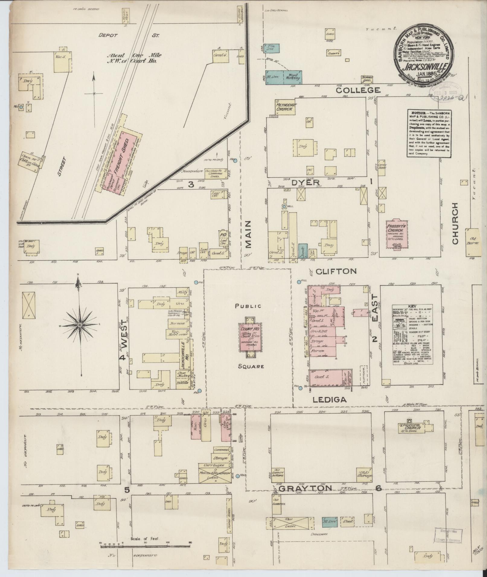 Sanborn Fire Insurance Map from Jacksonville, Calhoun County, Alabama (1885), Sheet #0001 - Historic Sanborn Fire Insurance Map Print, vintage old map wall art, antique decor, genealogy gift, Alabama Alabama map