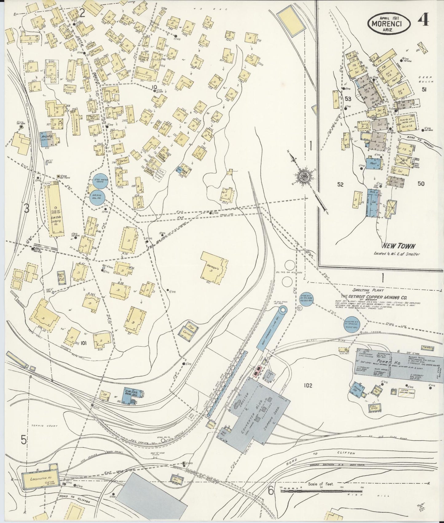 Sanborn Fire Insurance Map from Morenci, Greenlee County, Arizona (1911), Sheet #0004 - Historic Sanborn Fire Insurance Map Print, vintage old map wall art, antique decor, genealogy gift, Arizona Arizona map