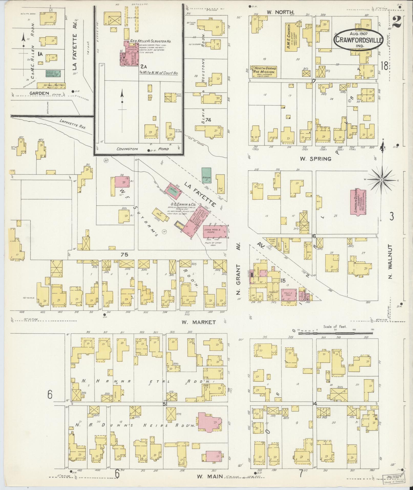 Sanborn Fire Insurance Map from Crawfordsville, Montgomery County, Indiana (1907), Sheet #0002 - Complete Map Set gallery image, historic Sanborn map, vintage wall art, Indiana Indiana