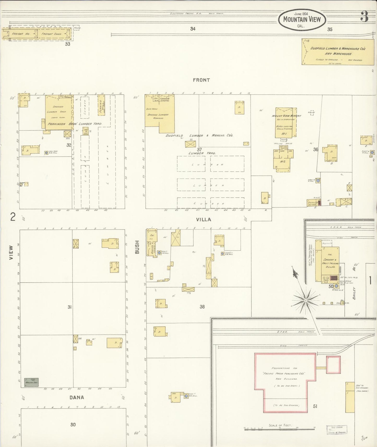 Sanborn Fire Insurance Map from Mountain View, Santa Clara County, California (1904), Sheet #0003 - Complete Map Set gallery image, historic Sanborn map, vintage wall art, California California