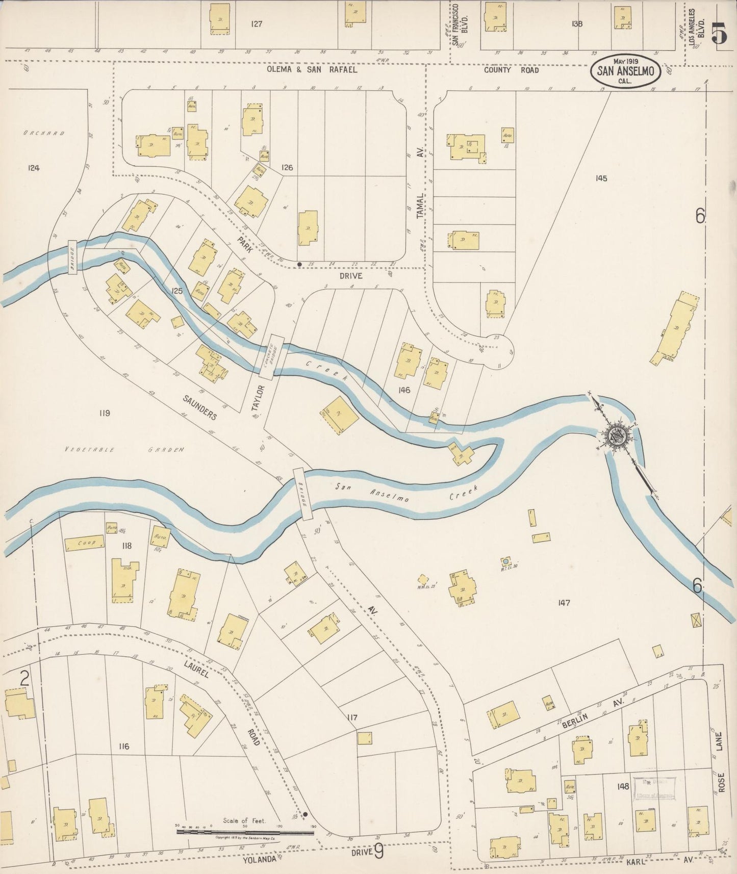 Sanborn Fire Insurance Map from San Anselmo, Marin County, California (1919), Sheet #0005 - Complete Map Set gallery image, historic Sanborn map, vintage wall art, California California