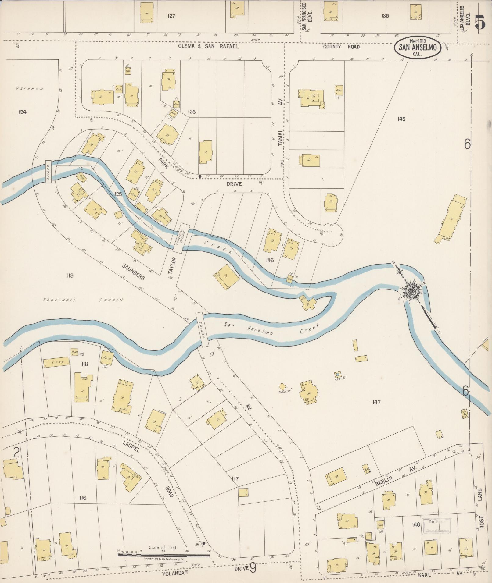 Sanborn Fire Insurance Map from San Anselmo, Marin County, California (1919), Sheet #0005 - Complete Map Set gallery image, historic Sanborn map, vintage wall art, California California