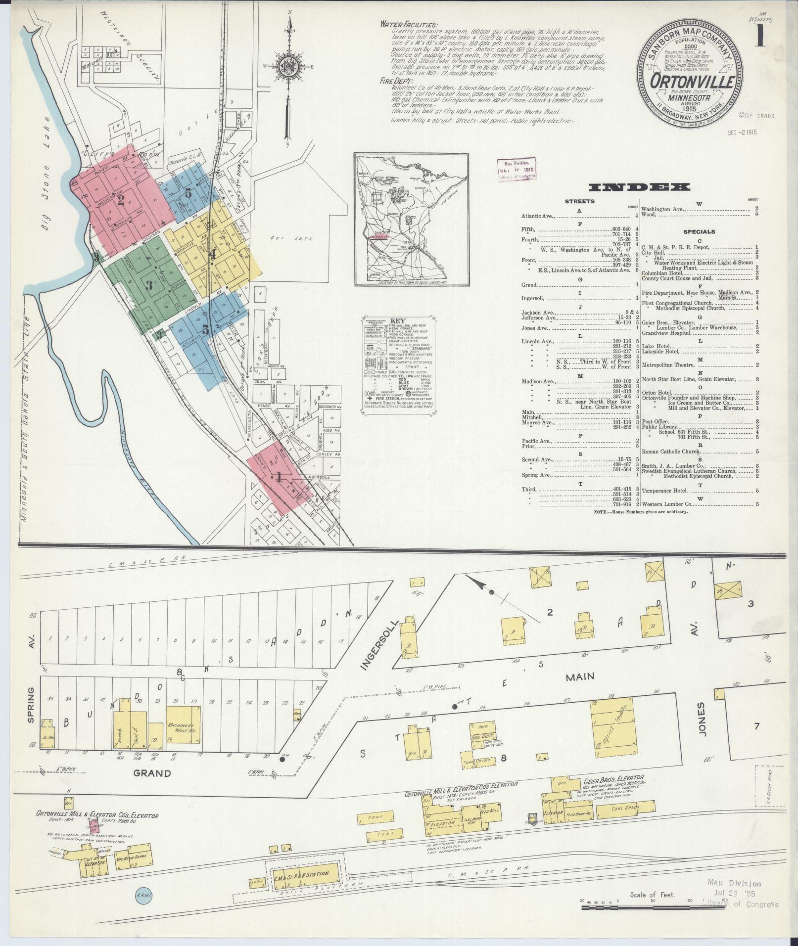 Sanborn Fire Insurance Map from Ortonville, Big Stone County, Minnesota (1915), Sheet #0001 - Historic Sanborn Fire Insurance Map Print, vintage old map wall art, antique decor, genealogy gift, Minnesota Minnesota map