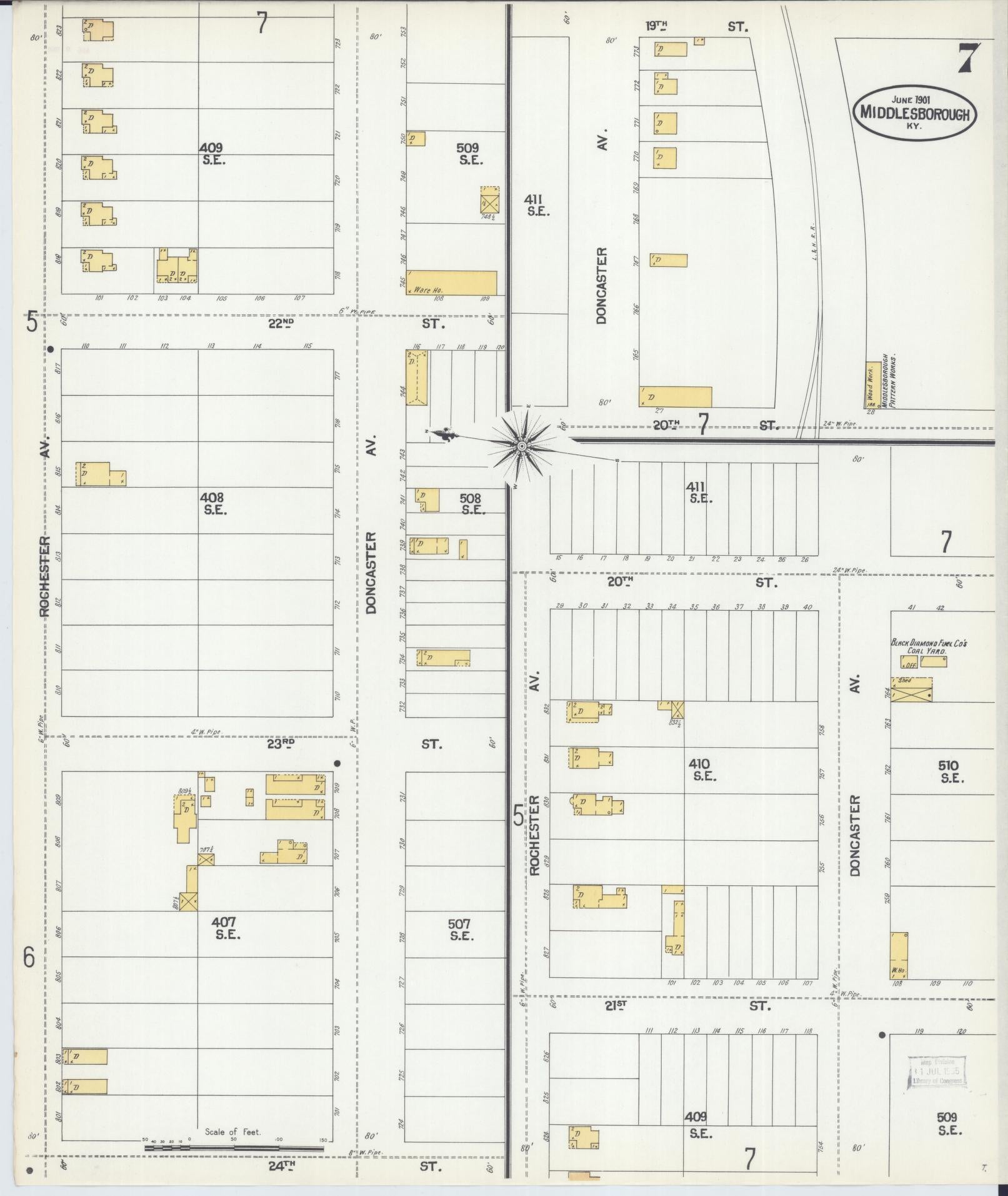 Sanborn Fire Insurance Map from Middlesboro, Bell County, Kentucky (1901), Sheet #0007 - Complete Map Set gallery image, historic Sanborn map, vintage wall art, Kentucky Kentucky