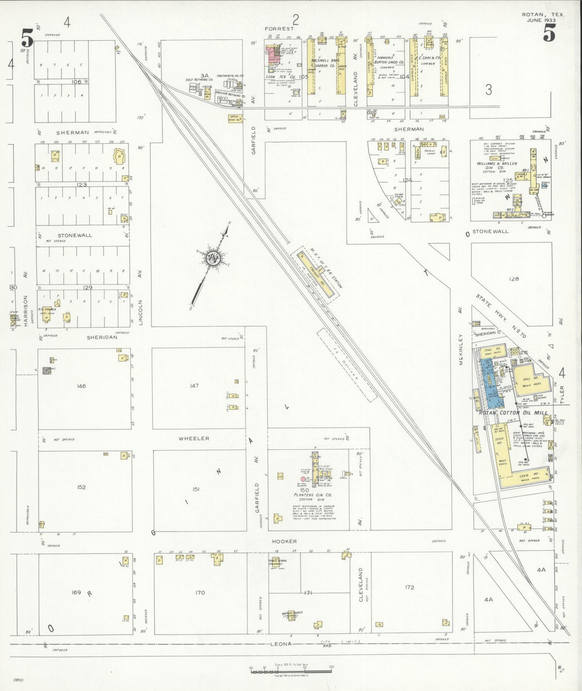 Sanborn Fire Insurance Map from Rotan, Fisher County, Texas (1933), Sheet #0005 - Complete Map Set gallery image, historic Sanborn map, vintage wall art, Texas Texas