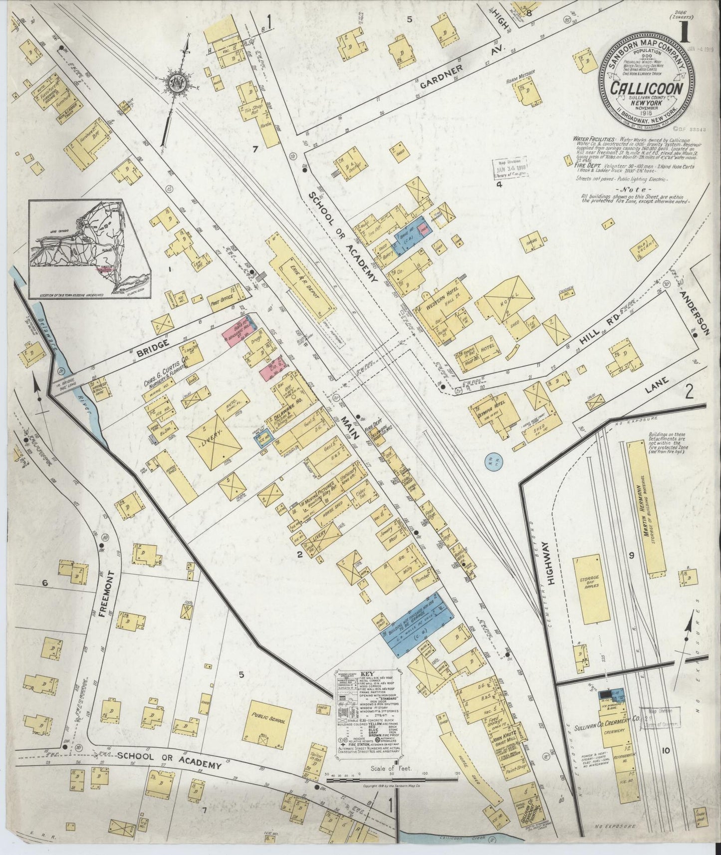 Sanborn Fire Insurance Map from Callicoon, Sullivan County, New York (1918), Sheet #0001 - Historic Sanborn Fire Insurance Map Print, vintage old map wall art, antique decor, genealogy gift, New York New York map