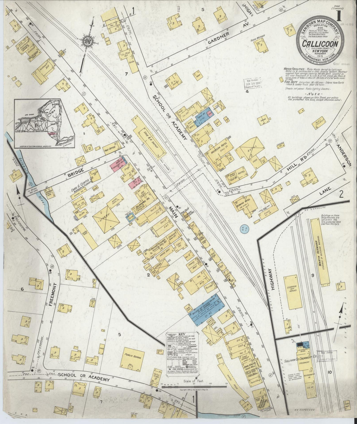 Sanborn Fire Insurance Map from Callicoon, Sullivan County, New York (1918), Sheet #0001 - Historic Sanborn Fire Insurance Map Print, vintage old map wall art, antique decor, genealogy gift, New York New York map