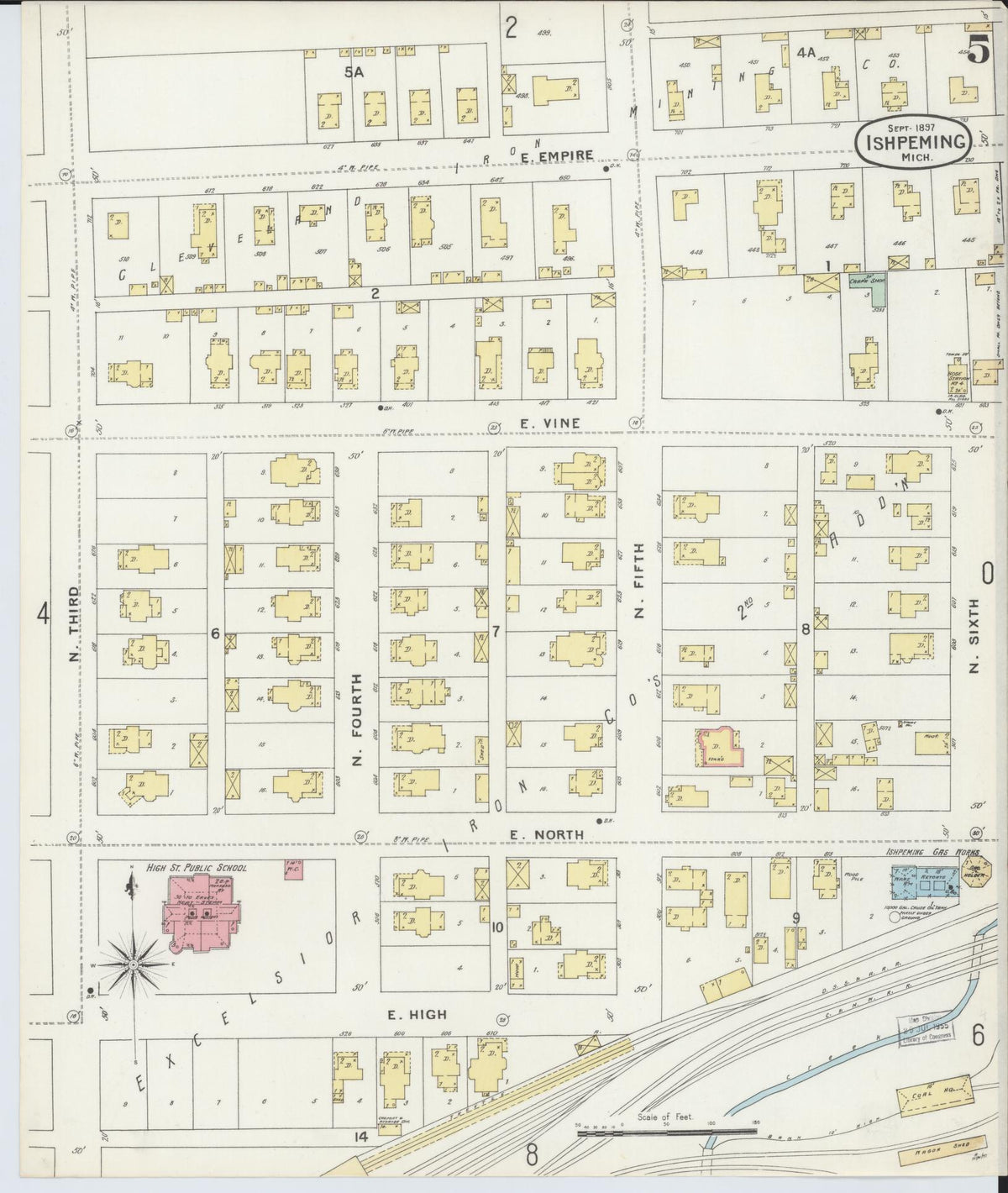 Sanborn Fire Insurance Map from Ishpeming, Marquette County, Michigan (1897), Sheet #0005 - Complete Map Set gallery image, historic Sanborn map, vintage wall art, Michigan Michigan