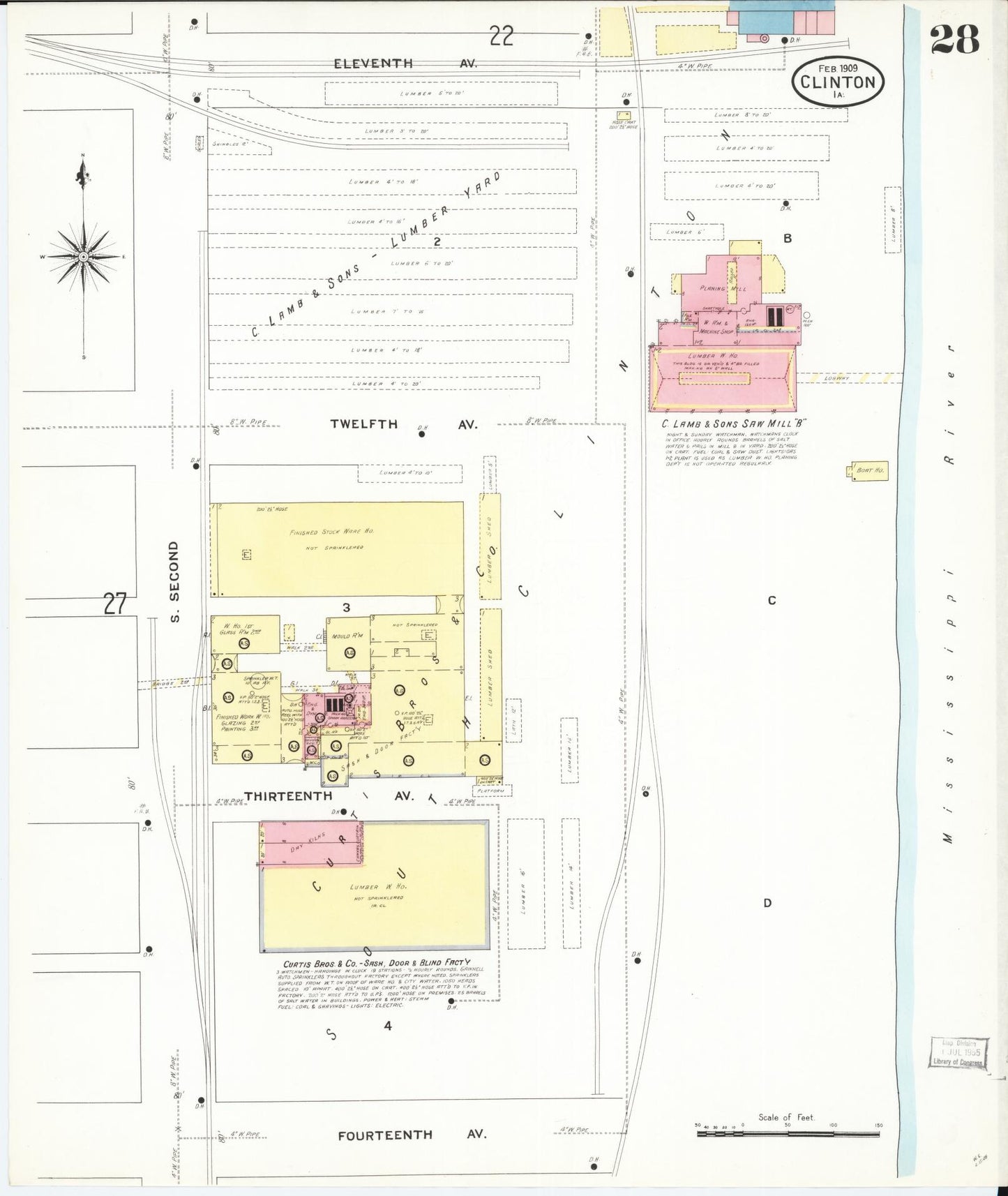 Sanborn Fire Insurance Map from Clinton, Clinton County, Iowa (1909), Sheet #0028 - Historic Sanborn Fire Insurance Map Print, vintage old map wall art