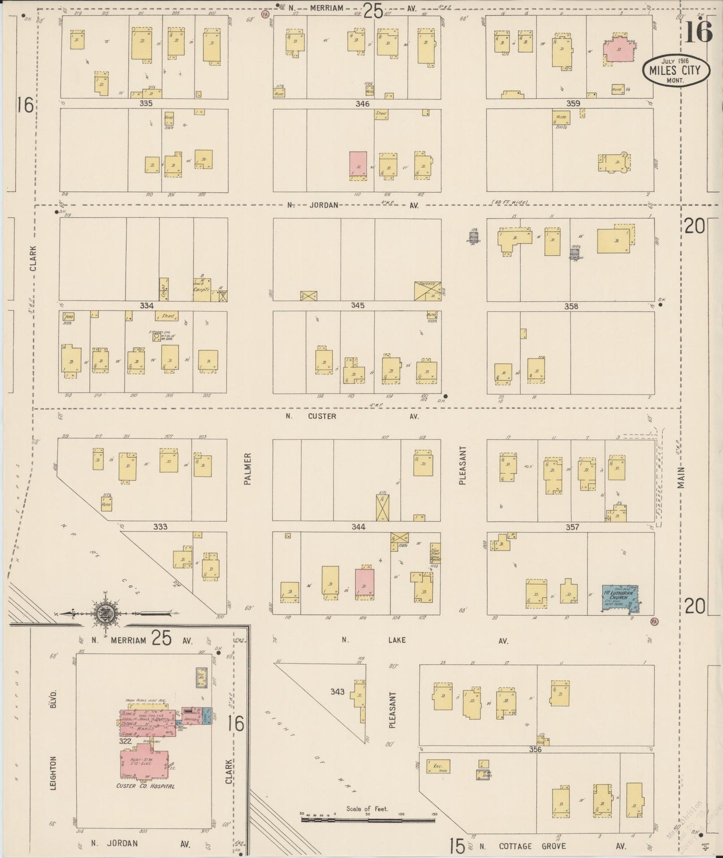 Sanborn Fire Insurance Map from Miles City, Custer County, Montana (1916), Sheet #0016 - Historic Sanborn Fire Insurance Map Print, vintage old map wall art, antique decor, genealogy gift, Montana Montana map