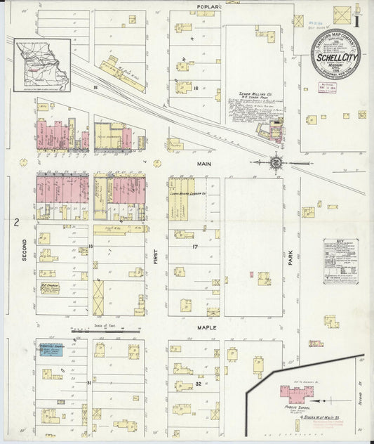 Sanborn Fire Insurance Map from Schell City, Vernon County, Missouri (1914), Sheet #0001 - Complete Map Set gallery image, historic Sanborn map, vintage wall art, Missouri Missouri