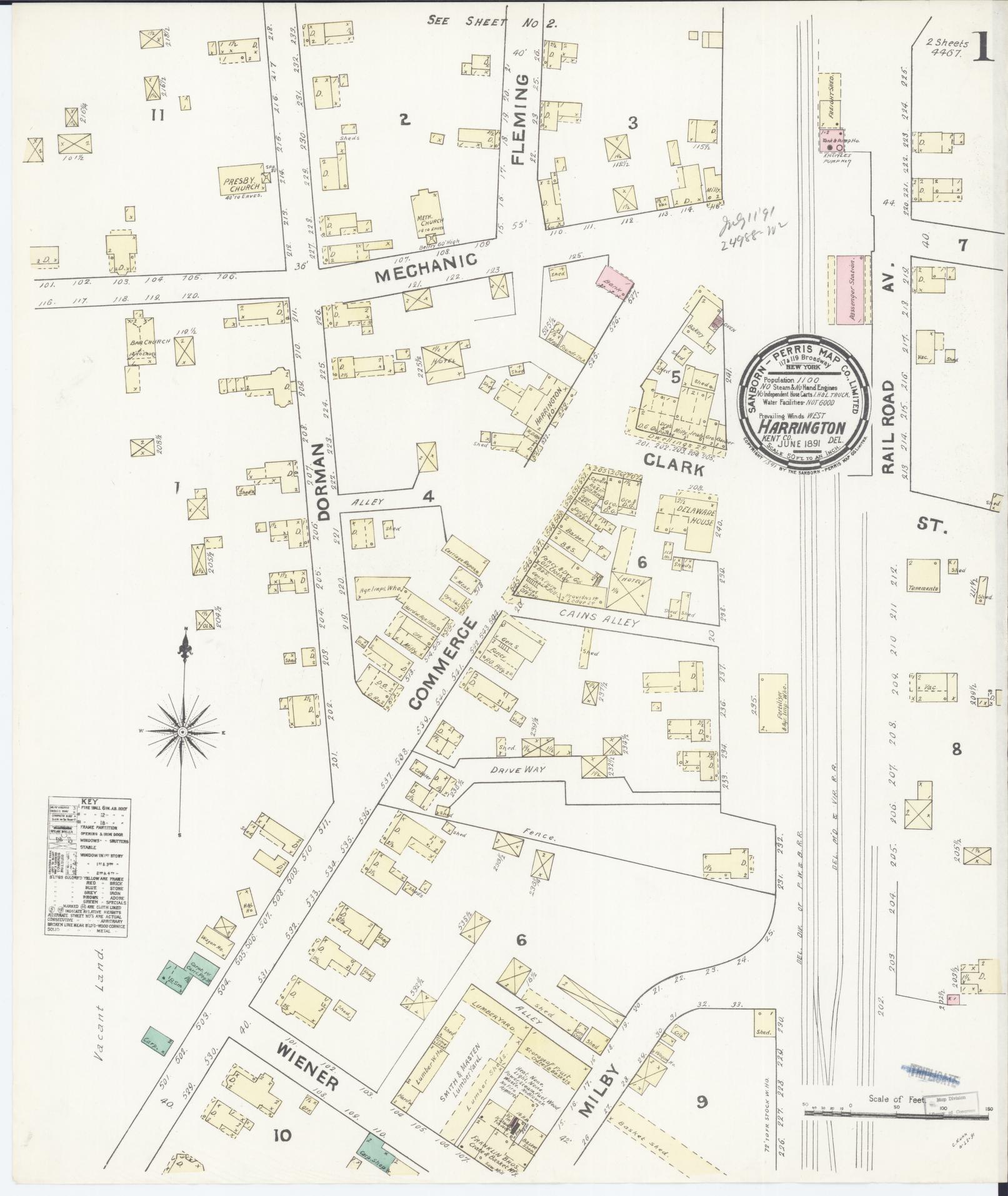 Sanborn Fire Insurance Map from Harrington, Kent County, Delaware (1891), Sheet #0001 - Complete Map Set gallery image, historic Sanborn map, vintage wall art, Delaware Delaware