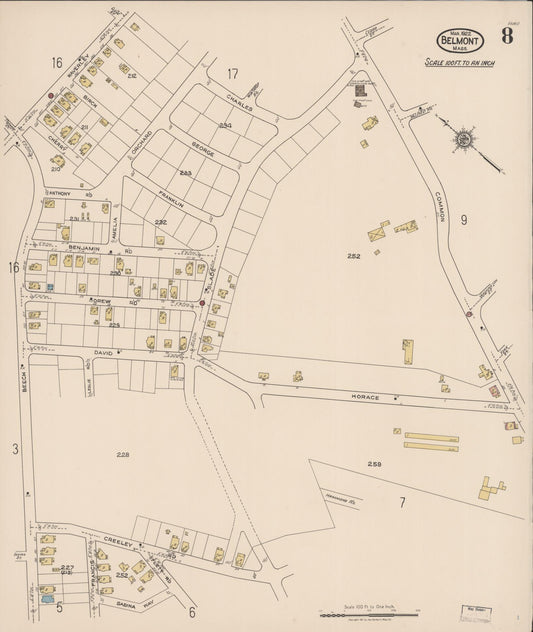 Sanborn Fire Insurance Map from Belmont, Middlesex County, Massachusetts (1922), Sheet #0008 - Historic Sanborn Fire Insurance Map Print, vintage old map wall art, antique decor, genealogy gift, Massachusetts Massachusetts map