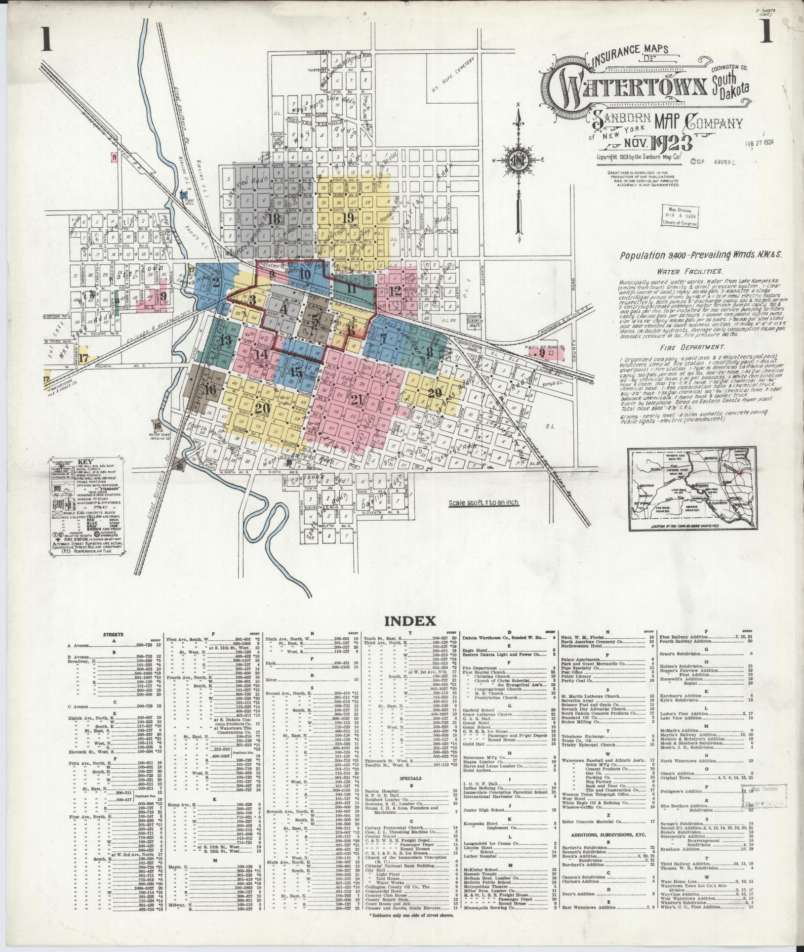 Sanborn Fire Insurance Map from Watertown, Codington County, South Dakota (1923), Sheet #0001 - Complete Map Set gallery image, historic Sanborn map, vintage wall art, South Dakota South Dakota