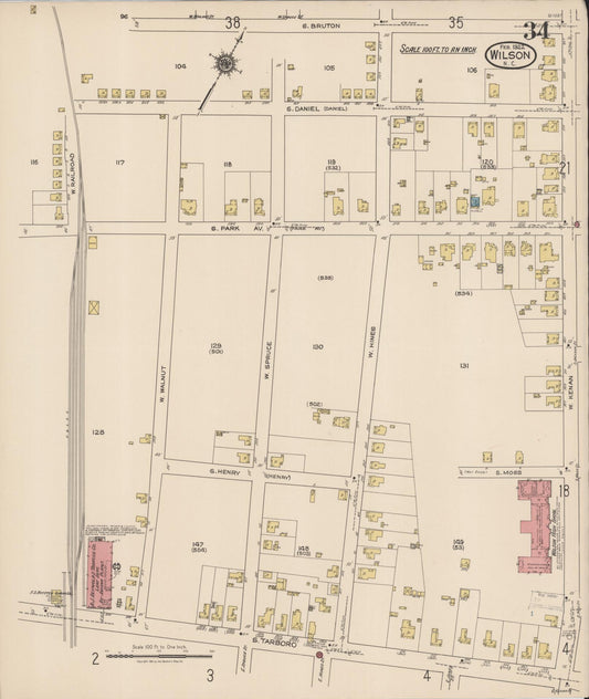 Sanborn Fire Insurance Map from Wilson, Wilson County, North Carolina (1922), Sheet #0034 - Historic Sanborn Fire Insurance Map Print, vintage old map wall art, antique decor, genealogy gift, North Carolina North Carolina map