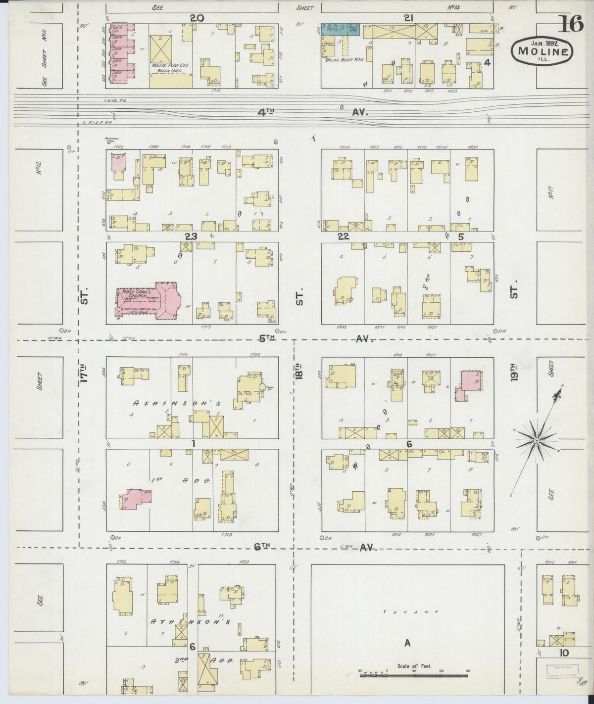 Sanborn Fire Insurance Map from Moline, Rock Island County, Illinois (1892), Sheet #0016 - Historic Sanborn Fire Insurance Map Print, vintage old map wall art, antique decor, genealogy gift, Illinois Illinois map