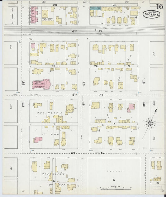 Sanborn Fire Insurance Map from Moline, Rock Island County, Illinois (1892), Sheet #0016 - Historic Sanborn Fire Insurance Map Print, vintage old map wall art, antique decor, genealogy gift, Illinois Illinois map