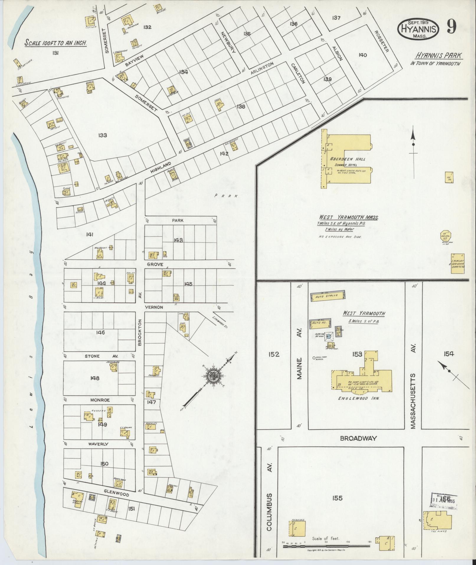 Sanborn Fire Insurance Map from Hyannis, Barnstable County, Massachusetts (1919), Sheet #0009 - Historic Sanborn Fire Insurance Map Print, vintage old map wall art, antique decor, genealogy gift, Massachusetts Massachusetts map