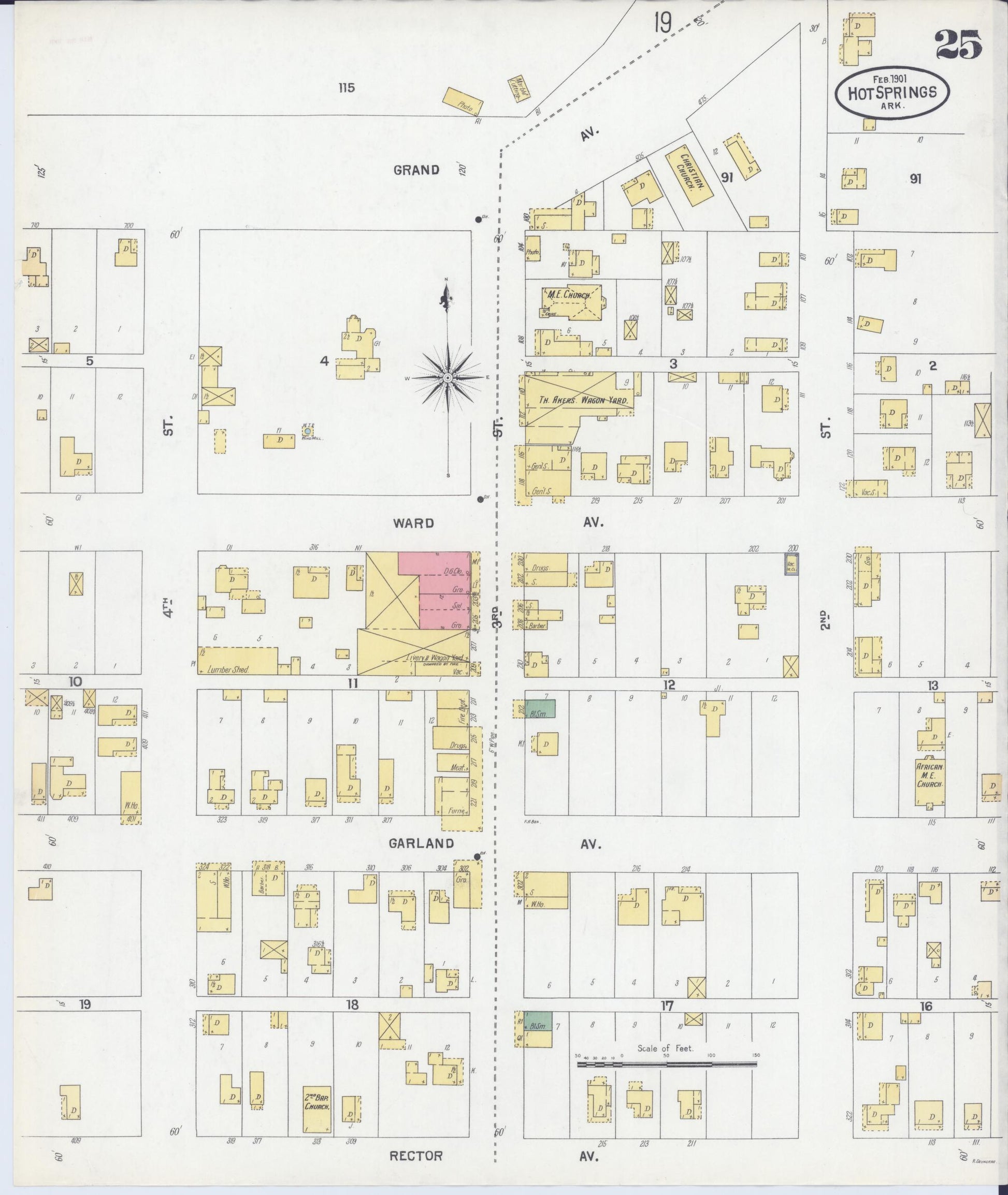 Sanborn Fire Insurance Map from Hot Springs, Garland County, Arkansas (1901), Sheet #0025 - Complete Map Set gallery image, historic Sanborn map, vintage wall art, Arkansas Arkansas