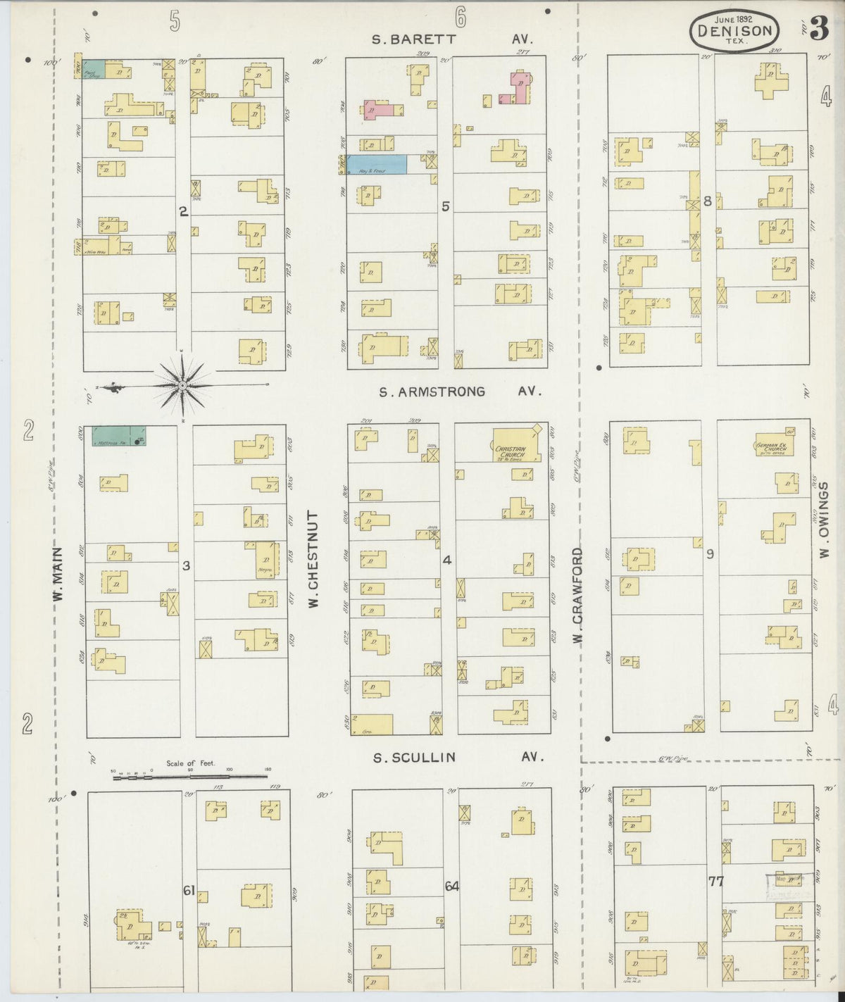 Sanborn Fire Insurance Map from Denison, Grayson County, Texas (1892), Sheet #0003 - Complete Map Set gallery image, historic Sanborn map, vintage wall art, Texas Texas