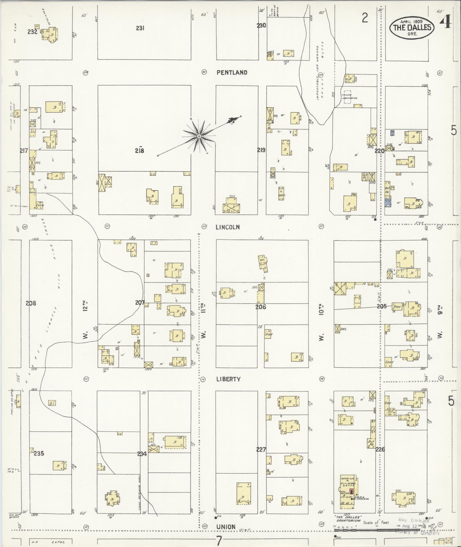 Sanborn Fire Insurance Map from The Dalles, Wasco County, Oregon (1909), Sheet #0004 - Complete Map Set gallery image, historic Sanborn map, vintage wall art, Oregon Oregon