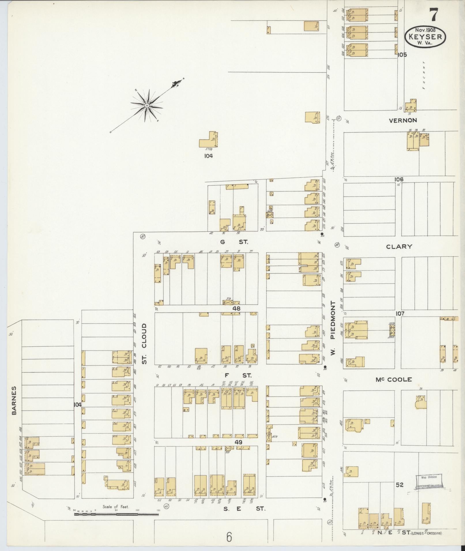 Sanborn Fire Insurance Map from Keyser, Mineral County, West Virginia (1908), Sheet #0007 - Historic Sanborn Fire Insurance Map Print, vintage old map wall art, antique decor, genealogy gift, West Virginia West Virginia map