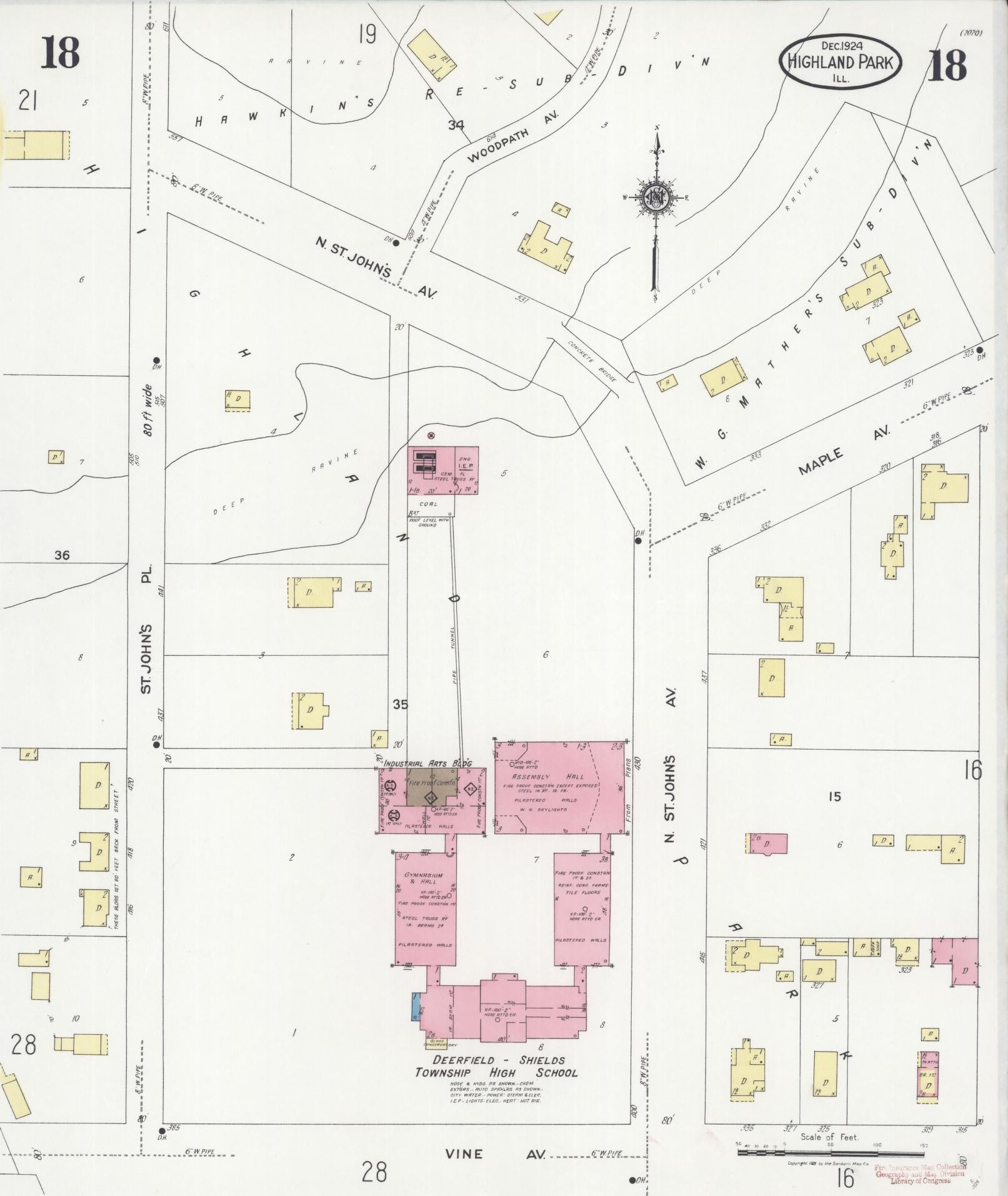 Sanborn Fire Insurance Map from Highland Park, Lake County, Illinois (1924), Sheet #0018 - Historic Sanborn Fire Insurance Map Print, vintage old map wall art, antique decor, genealogy gift, Illinois Illinois map