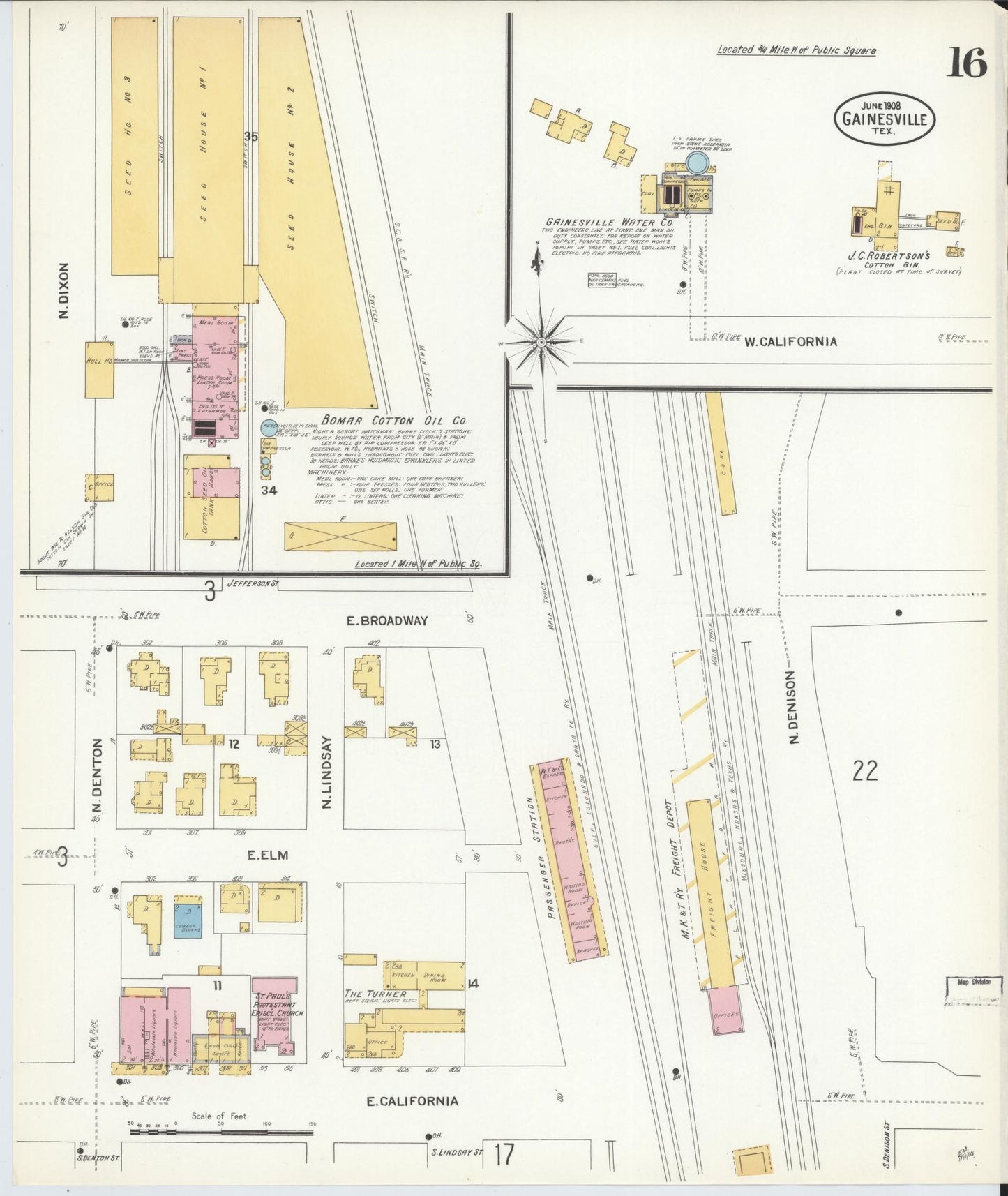 Sanborn Fire Insurance Map from Gainesville, Cooke County, Texas (1908), Sheet #0016 - Historic Sanborn Fire Insurance Map Print, vintage old map wall art, antique decor, genealogy gift, Texas Texas map