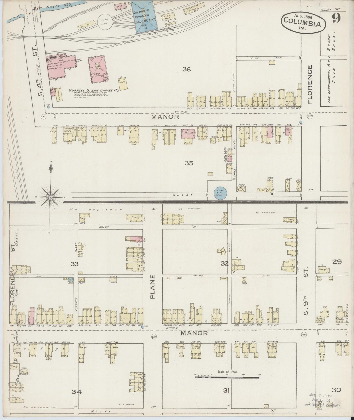 Sanborn Fire Insurance Map from Columbia, Lancaster County, Pennsylvania (1886), Sheet #0009 - Historic Sanborn Fire Insurance Map Print, vintage old map wall art, antique decor, genealogy gift, Pennsylvania Pennsylvania map