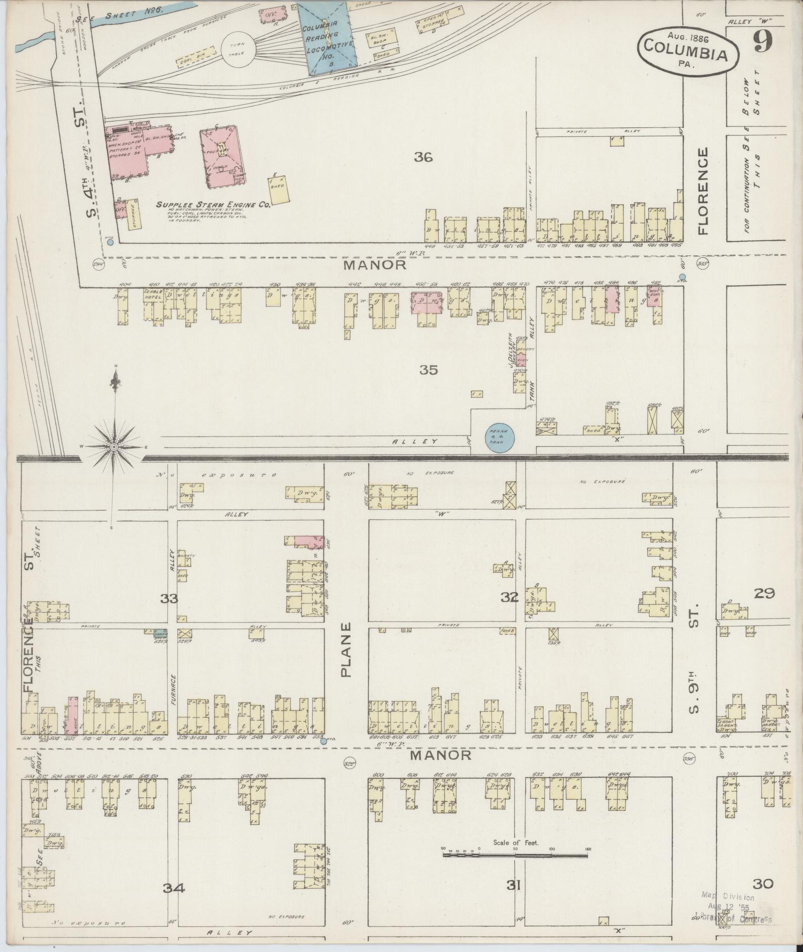 Sanborn Fire Insurance Map from Columbia, Lancaster County, Pennsylvania (1886), Sheet #0009 - Historic Sanborn Fire Insurance Map Print, vintage old map wall art, antique decor, genealogy gift, Pennsylvania Pennsylvania map