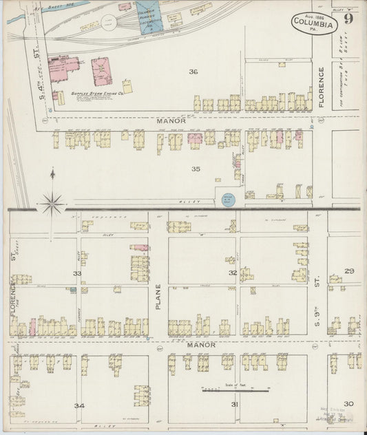 Sanborn Fire Insurance Map from Columbia, Lancaster County, Pennsylvania (1886), Sheet #0009 - Historic Sanborn Fire Insurance Map Print, vintage old map wall art, antique decor, genealogy gift, Pennsylvania Pennsylvania map