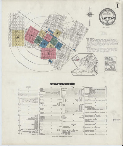 Sanborn Fire Insurance Map from Clarendon, Donley County, Texas (1921), Sheet #0001 - Historic Sanborn Fire Insurance Map Print, vintage old map wall art, antique decor, genealogy gift, Texas Texas map