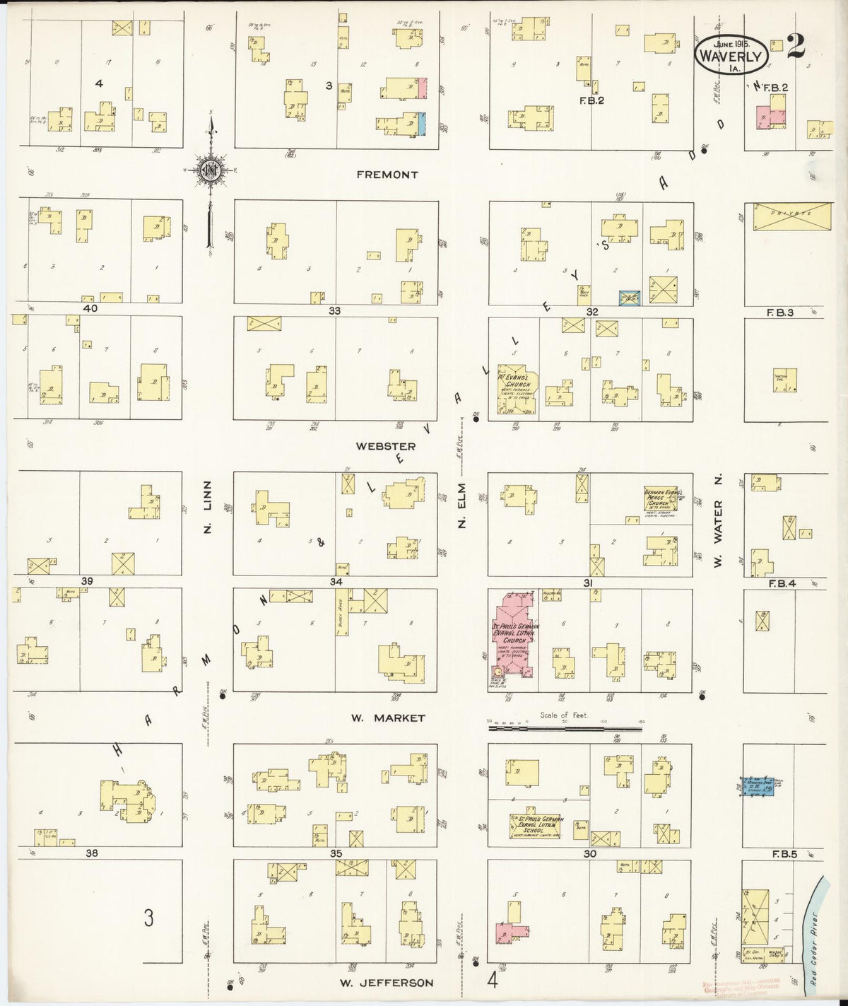 Sanborn Fire Insurance Map from Waverly, Bremer County, Iowa (1915), Sheet #0002 - Historic Sanborn Fire Insurance Map Print, vintage old map wall art