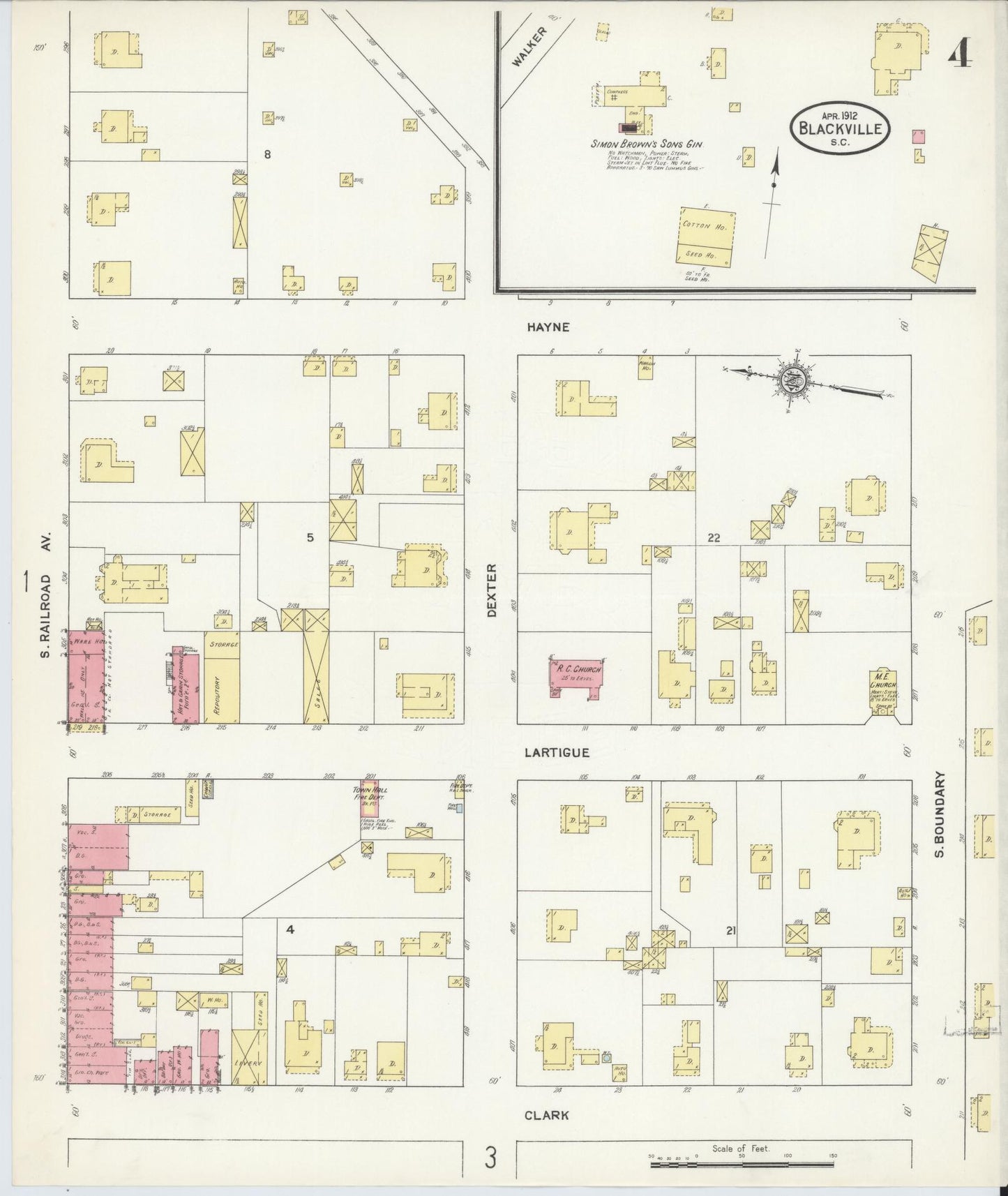 Sanborn Fire Insurance Map from Blackville, Barnwell County, South Carolina (1912), Sheet #0004 - Historic Sanborn Fire Insurance Map Print, vintage old map wall art, antique decor, genealogy gift, South Carolina South Carolina map